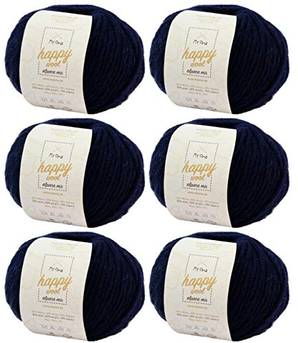 Alpaka Wolle zum Stricken -6x Happy Wool alpaca mix nachtblau (Fb 61)- 6 Knäuel Wolle blau + GRATIS Label - - 50g/80m - Nadelstärke 7-8mm