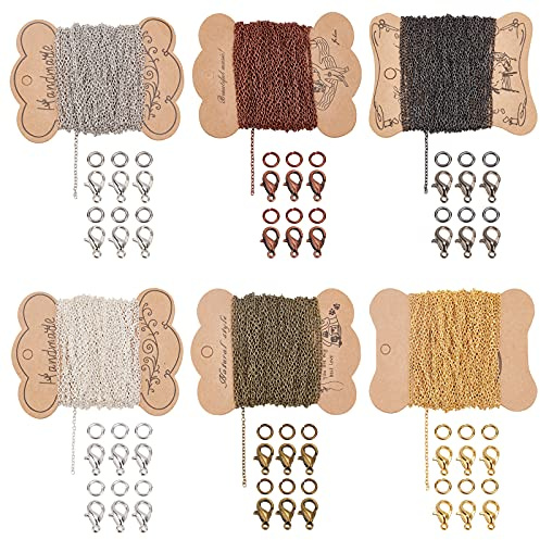 PandaHall Halsbandskedjor, 6 färger, länkkedja, halsband med 120 st hummerlås, 300 st bindringar, bulk för smyckestillverkning, 59,7 m/65 m lång