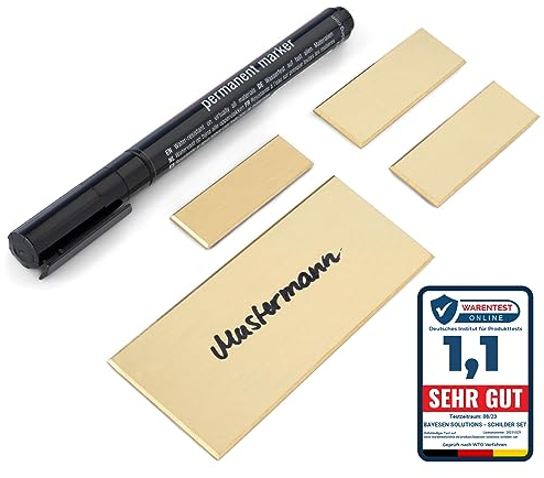 Premium Messing Schilder Set zum Beschriften aufkleben Namensschild Haustür Schild, Klingelschild, Briefkastenschild, Türschild selbstklebend - mit Geschenkebox & keine Werbung Aufkleber Etiketten