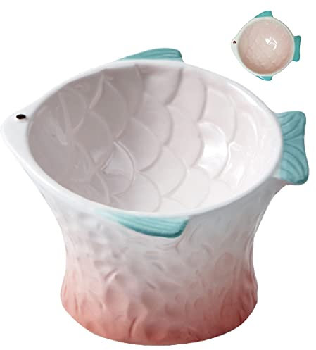 Raised Tilted Ceramic Cat Food Bowl,Cute Pink Fish Shape Elevated Slanted Shallow Angled Cat Dish,Personalized Pet Feeder for Kitty Dry Wet Treats Feeding,Ergonomic Anti Vomiting Whisker Fatigue