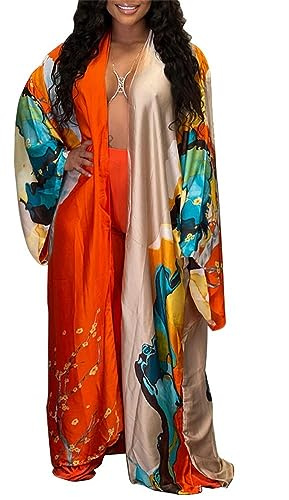 cu4eve Summer Cardigan For Women Lightweight Satin Open Front Long Kimono Swimsuit Cover Ups Silk Robe Plus Size