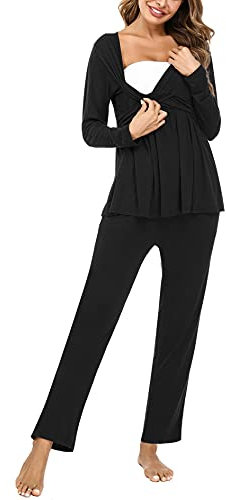 Litherday Stillpyjama Lang Umstandspyjama Langarm Zweifarbiger Baumwolle Stillzeit Nachtwäsche Stillfunktion Pyjama Set mit Elastischen Bundes und Tasche