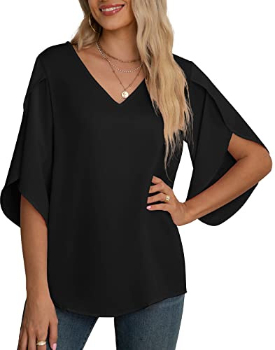 Yommay Chiffongblus för kvinnor damtoppar elegant ledig lös 3/4 veckad delad ärm V-hals sommarblus t-shirts, Svart, L