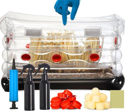 Pilz-Monowannen-Set, aufblasbares Pilzzucht-Set, Pilz-Wachstumszelt, Stillluftbox mit Sprühgerät und aufblasbarem Werkzeug, 45 x 25 x 28 cm Pilzzuchtbehälter mit Filtern für Frischluftaustausch B