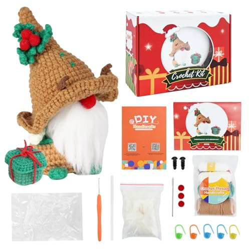 Kit de ganchillo para principiantes, juego de hilo de ganchillo de gnomos de Navidad para adultos y niños, kits de punto de ganchillo para principiantes con hilo de ganchillo, ganchos de ganchillo,