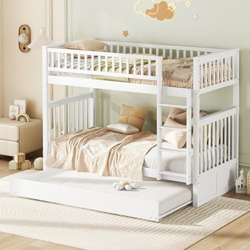 KecDuey 90 x 200 cm Litera, cama triple, cama infantil de madera con cama nido de 90 x 190 cm, barandilla alta, escalera estable, con somier (blanco), WX000811