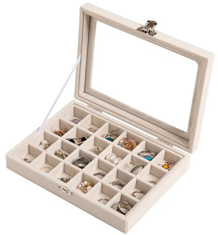 Frebeauty 24-Grid Small Velvet Earring Organiser Tray with Glass Lid