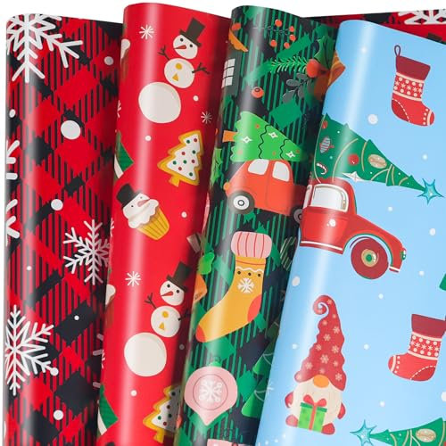 Weihnachtsgeschenkpapier, 12 Bögen Weihnachtspapier, Geschenkpapier für Weihnachten, Neujahr, 4 Designs, 50x70cm