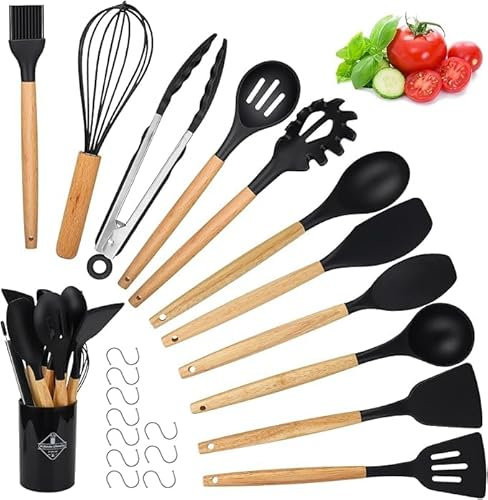 Utensili Cucina Silicone Set - 22 Pezzi Set Mestoli Cucina Manico in Legno - Strumenti da Cucina Resistenti al Calore - Con 10 S Ganci (Nero)