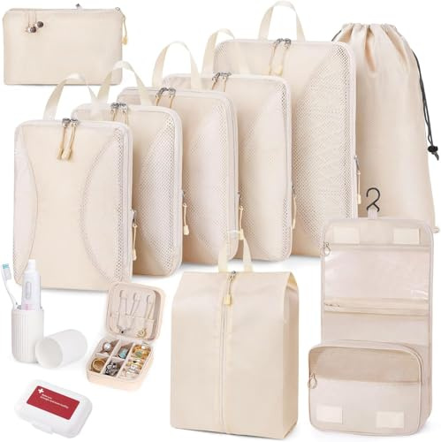 Juego de 12 cubos de embalaje de compresión, organizadores de maleta, bolsas organizadoras de equipaje, cubos de embalaje extensibles para compresión de viaje, artículos esenciales de viaje, color