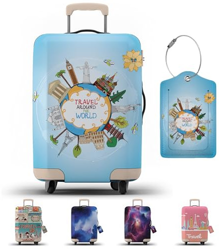 Suitcase Cover with Luggage Tag, Suitcase Protector Cover with Zipper | Luggage Protector, Luggage Cover Protection (Travel Around The World, XL)