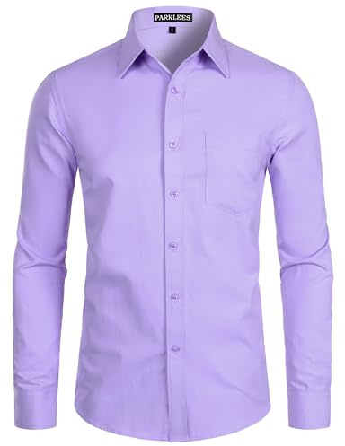 PARKLEES Camisa de vestir de manga larga para hombre, lisa, ajustada, casual, de negocios, formal, con botones, con bolsillo