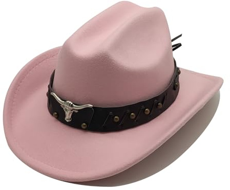 Willheoy Kids Cowboy Hat for Girls Boys Western Cowgirl Hat with Buckle Belt Unisex Wide Brim Fedora Hat Dress Up Costume (US, Numeric, 6 1/2, B-Pink)