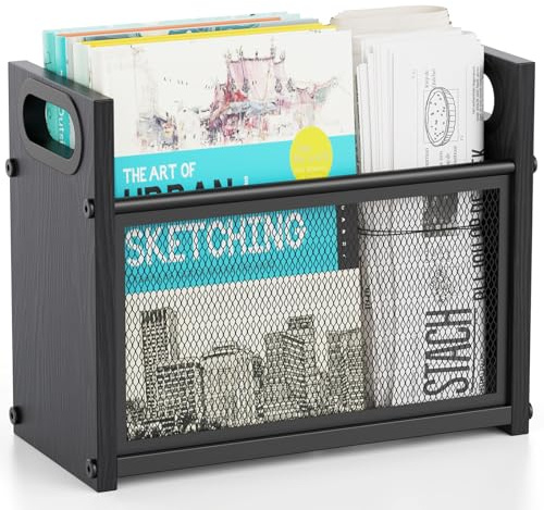 WHEARTED Magazine Rack Wood, Magazine Rack Floor Stand, Magazine Holder Storage Basket, Black File Storage Basket Box Bin Folder Organizer Stand for Letters, Magazines, Books, Newspapers