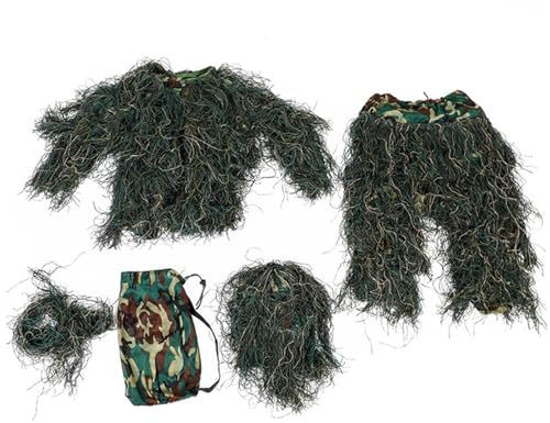 Jorzer Ghillie kostym för barn längd 110 – 130 cm, 5-i-1 andningsbar 3D kamou-kostym, jaktkläder inklusive jacka, byxor, huva, bärväska kostym huvudbonad.