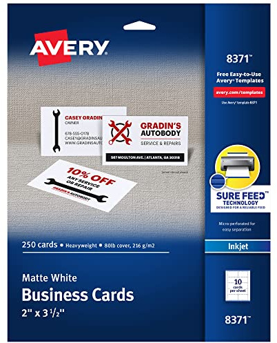 Avery Printable Business Cards with Sure Feed Technology, 2 x 3.5, White, 250 Blank Business Cards, Inkjet Printer Paper (08371)