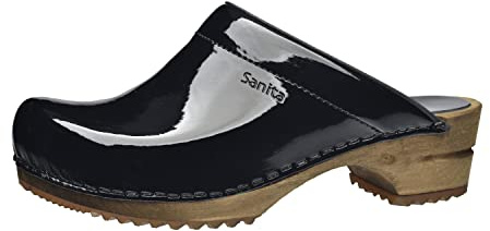 Sanita Classic Vernis | Sabots Ouverts | Produit Original Fabriqué à la Main pour Femme | Sabots en Cuir avec Semelle en Bois | Noir | 39 EU
