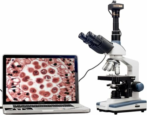 AmScope T120B-M Digital Professional Siedentopf Trinocular Compound Microscope, 40X-2000X Magnification, WF10x and WF20x Eyepieces, Brightfield, LED Illumination, Abbe Condenser with Iris Diaphragm, Double-Layer Mechanical Stage, 100-240VAC, Includes 1.3MP Camera with Reduction Lens and Software