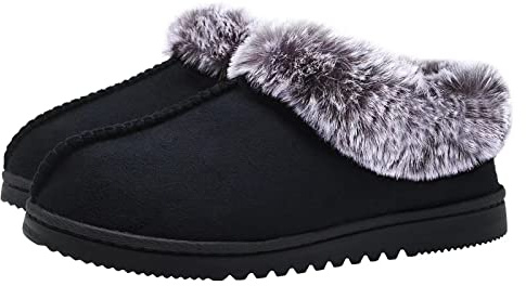 UBXRIN Womens Fuzzy Memory Foam Slippers Boots Cozy Faux Fur House Shoes Indoor Outdoor Rubber Sole Anti-Skid,Black US7-8