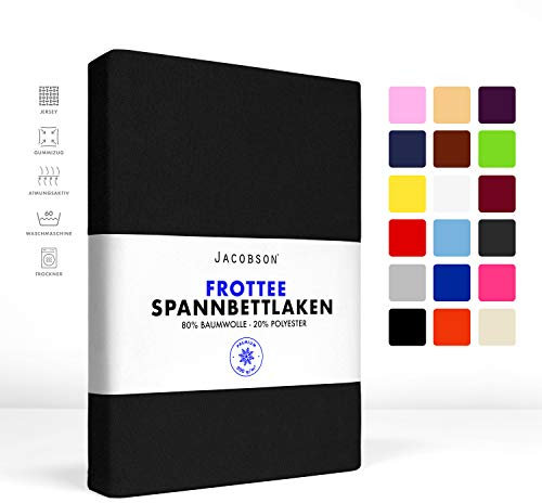 Jacobson Premium FROTTEE Spannbettlaken Spannbetttuch Bettlaken Baumwolle ca. 200g/m² (180-200x220cm + 40cm, Schwarz)