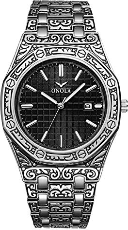 rorios Retro Herren Uhren Mode Analog Quarz Armbanduhren mit Kalender Edelstahlband Graviert Männer Armbanduhr