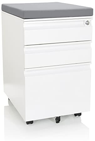 hjh OFFICE 743020 Rollcontainer mit Sitzkissen Color OS Stahl Weiß/Grau Rollschrank mit A4 Hängeregister, abschließbar