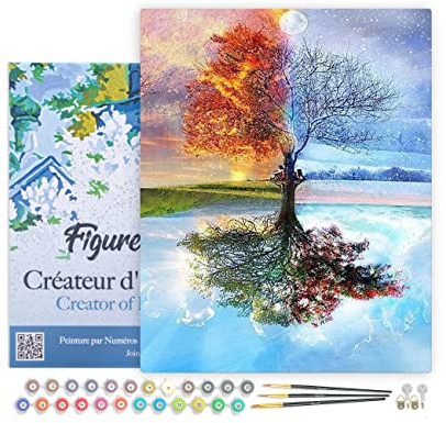 Figured'Art Malen Nach Zahlen Erwachsene Mit Rahmen Baum in vier Jahreszeiten - Paint by Numbers Basteln DIY Bastelset 40x50cm Leinwand gespannt auf Holzrahmen