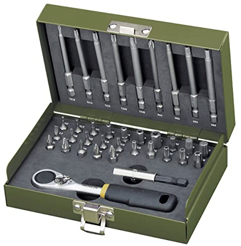 Proxxon 23109 Feinmechanikersatz Bitsatz mit Proxxon 23158 MicroBit Ratsche mit C3 (1/4) Sechskantaufnahme 36teilig im Metallkasten
