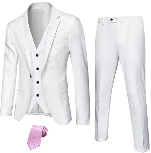 Hihawk Herr 3-delad kostym med stretchtyg, solid smal passform en knapp kostym blazer set, jacka väst byxor med slips., Vitt, S