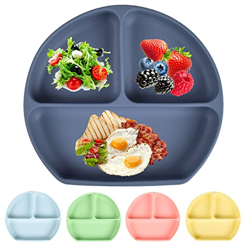 Aulese Baby Teller, Silikon Kinderteller mit Saugnapf, Rutschfester Kindergeschirr für Kleinkinder, BPA-Frei - Spülmaschinen und Mikrowellen Sicher (Indigo Teller)