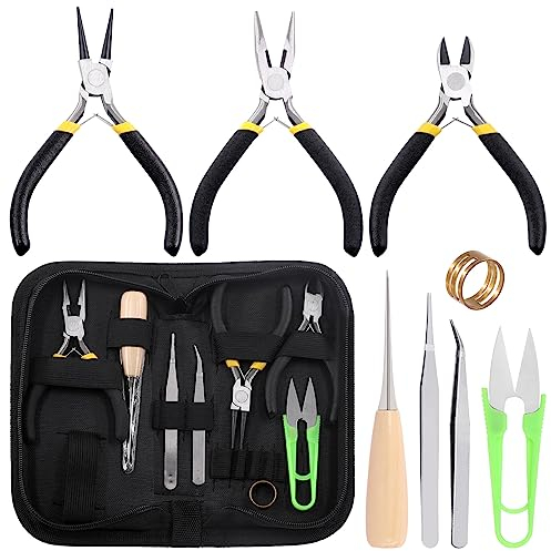 Tanstic 9Pcs Jewelry Making Tools Kit, Includes Chain Nose Pliers, Round Nose Pliers, Wire Cutter, Straight & Bent Tweezers, Jump Ring Opening Tool, Awl, Scissor with Storage Pouch for Jewelry Repair