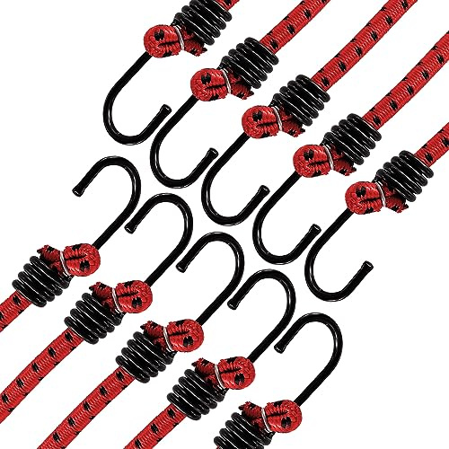 ANSIO Bungee Cords with Hooks 16” (40cm), Pack of 10 Bungee Straps - Red | UV-Resistant & Ideal for Securing Luggage, Racks, Camps, Motorcycles, Tarps, Garden Furniture & DIY Storage