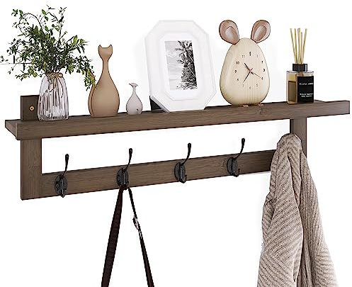 SMIBUY Percheros con Estante de Pared, Perchero de Entrada de 74 cm para Pared, Estante Colgante de Bambú con 5 Ganchos Dobles de Metal para Baño, Dormitorio, Cocina, Sala de Estar, Mueble (Nuez)