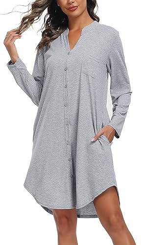 Vlazom Camicia da Notte Cotone con Bottoni a Maniche Lunghe Davanti Curvy Scollo a V，Grigio Chiaro，L