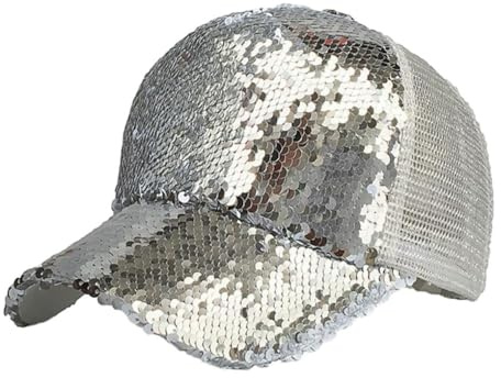 vreplrse Lättvikts justerbar hästsvans baseballkeps för solskydd Paljetter Glänsande Rörig Bulle Snap Back Hat Polyester, silver