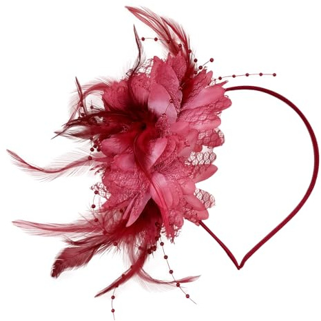 Ladies Fascinator Wedding Hat,Headdress Feather Mesh Hair Accessories Faux Flowers Head Flowers Retro Fascinators Hat Flower Mesh Ribbons Feathers On A Headband Wedding Prom Women Girls(Wine Red)