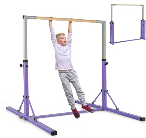 COSTWAY Gymnastik Turnreck klappbar, Turnreck 90-150cm höhenverstellbar, Reckstange mit Rollen, tragbarer Turnstangen bis 100kg belastbar, Reckanlage, Trainingsgeräte (Violett)