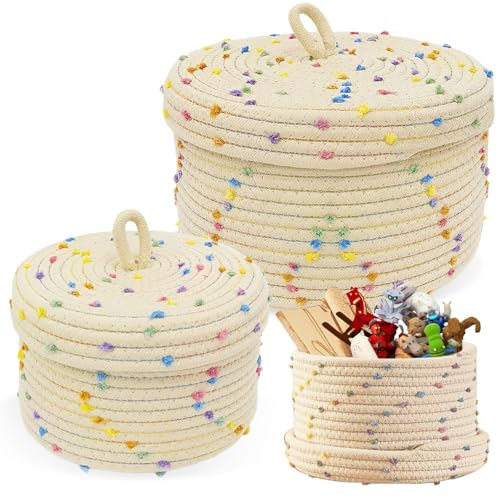 GOEDCH 2 Stück Gewebter Aufbewahrungskorb: Baumwollseil Körbchen Geflochten mit Deckel, Korb Geflochten für Pflanzen, Bunte Dekorative Punkte für Pflanzen Garn, Kinderzimmerzubehör Snacks(Cremefarben)