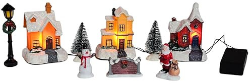 Bambelaa! Weihnachtsstadt 9 TLG. Winterdorf Weihnachtsdorf Weihnachtsszene Weihnachten LED Beleuchtet Warmweiß Figuren Deko Tisch Innen Häuser Batteriebetrieben mit 3 LEDs Weihnachtslandschaft