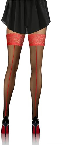 sesto senso Calze Autoreggenti Donna con Cucitura Rossa 20 DEN Calze con Pizzo Nere Rosse 1/2 PD_07 Cucitura Rossa