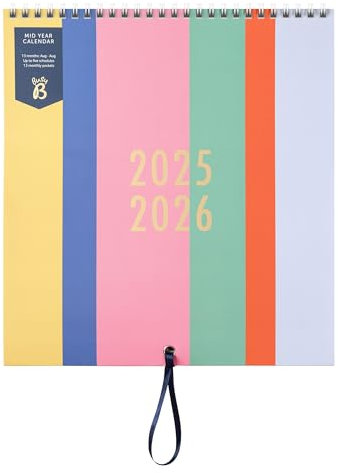 Busy B - Calendrier familial de 13 mois Août 2025 à Août 2026 - Rayée - Semainier avec cinq plannings et 13 pochettes mensuelles