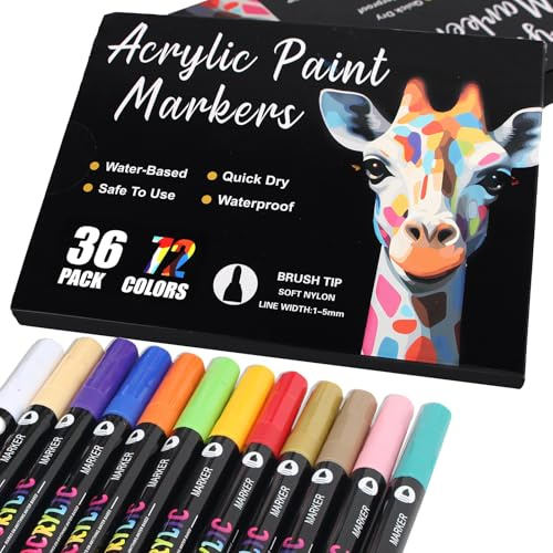 36 Acrylic Paint Pens with 72 Colours Acrylic Markers for Egg Graffiti | Dual Tip Dual Colour | Multi-Surface Use | Quick-Dry & Waterproof | Paint Markers for Rock Painting Fabric Glass Stone Wood
