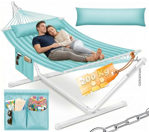 KESSER Hamac Hill avec armature - Coussin double pour 2 personnes - Cadre stable - Charge maximale : 200 kg - Pour l'intérieur et l'extérieur - XXL - Pour le jardin, le balcon, la terrasse - Gris/bleu
