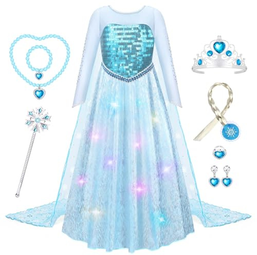 WIKITOT Princess Costumes for Girls, Light up Fancy Dress for Ages 3-10 | Full Accessories:Crown,Wand,Braid & Jewelry Soft Polyester Lining Detachable LED Lights for Halloween Birthday & Kids Cosplay