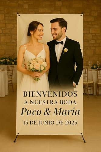 Photocall Boda, Cartel Bienvenida Personalizado para Bodas, Photocall-X Banner con Soporte, Lona Impresa, 60 cm x 160 cm