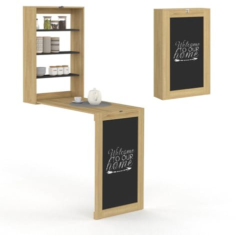 IDMarket - Wandklapptisch MACCHIA mit Regalen und Kreidetafel 2 Personen Holz und Schwarz