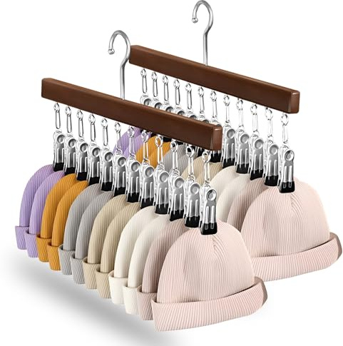 2 PCS Hat Rack, Baseball Cap Holder Hats Storage Organizer Wooden Hat Hanger with 12 Rubber-Coated Stainless Steel Clip for Closet Scarves Trousers Towels Clothes Ties