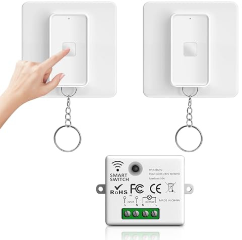 Wvoillty RF433 Interrupteur Sans Fil, Fonctionnement Sur Piles, Sans Câblage Electrique ni Interrupteur Mural, Magnétique (1 Récepteur 10 A et 2 Panneaux de Commande)