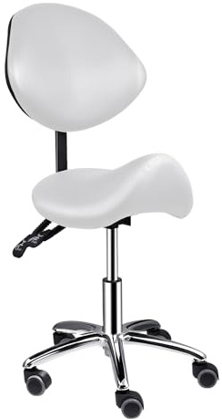Tabouret selle pivotant à roulettes, capacité de charge 200 kg, hauteur réglable (93-105 cm), avec dossiers, en cuir PU ergonomique, idéal pour salons de beauté, spas et cliniques de massage (Blanc)