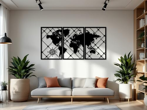 Kajaro - Set Quadri Moderni Soggiorno - Quadri 3D Moderni - Decorazioni Parete Set 3 Pezzi - Decorazioni Camera da Letto - Mappa del Mondo + Quadro Aggiuntivo